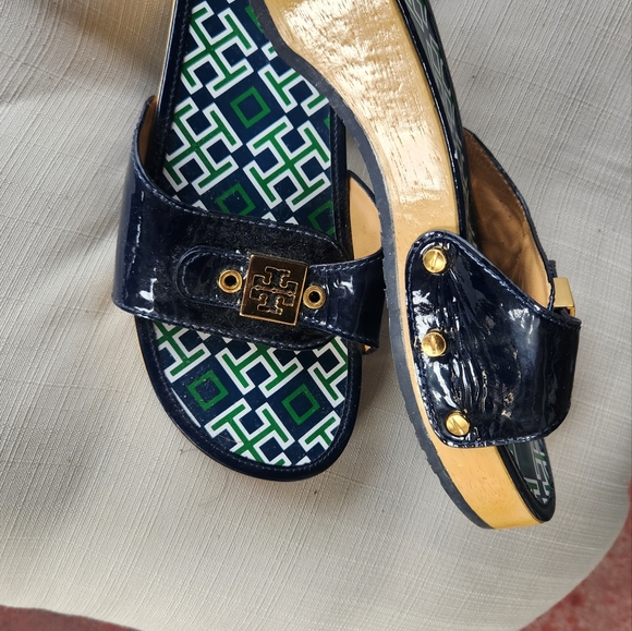 TORY BURCH navy blue DIXON WOODEN SLIDES CLOGS SANDALS size 10 - Picture 4 of 6
